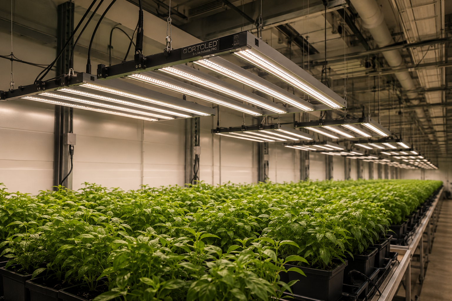 File di lampade ORTOLED S-Line Foldable accese in una grow room professionale, funzionamento continuo 24/7