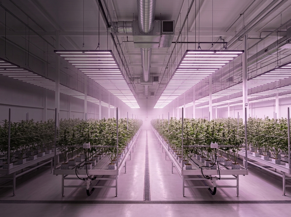 Serra farmaceutica di cannabis medica con file di piante uniformi sotto LED ORTOLED
