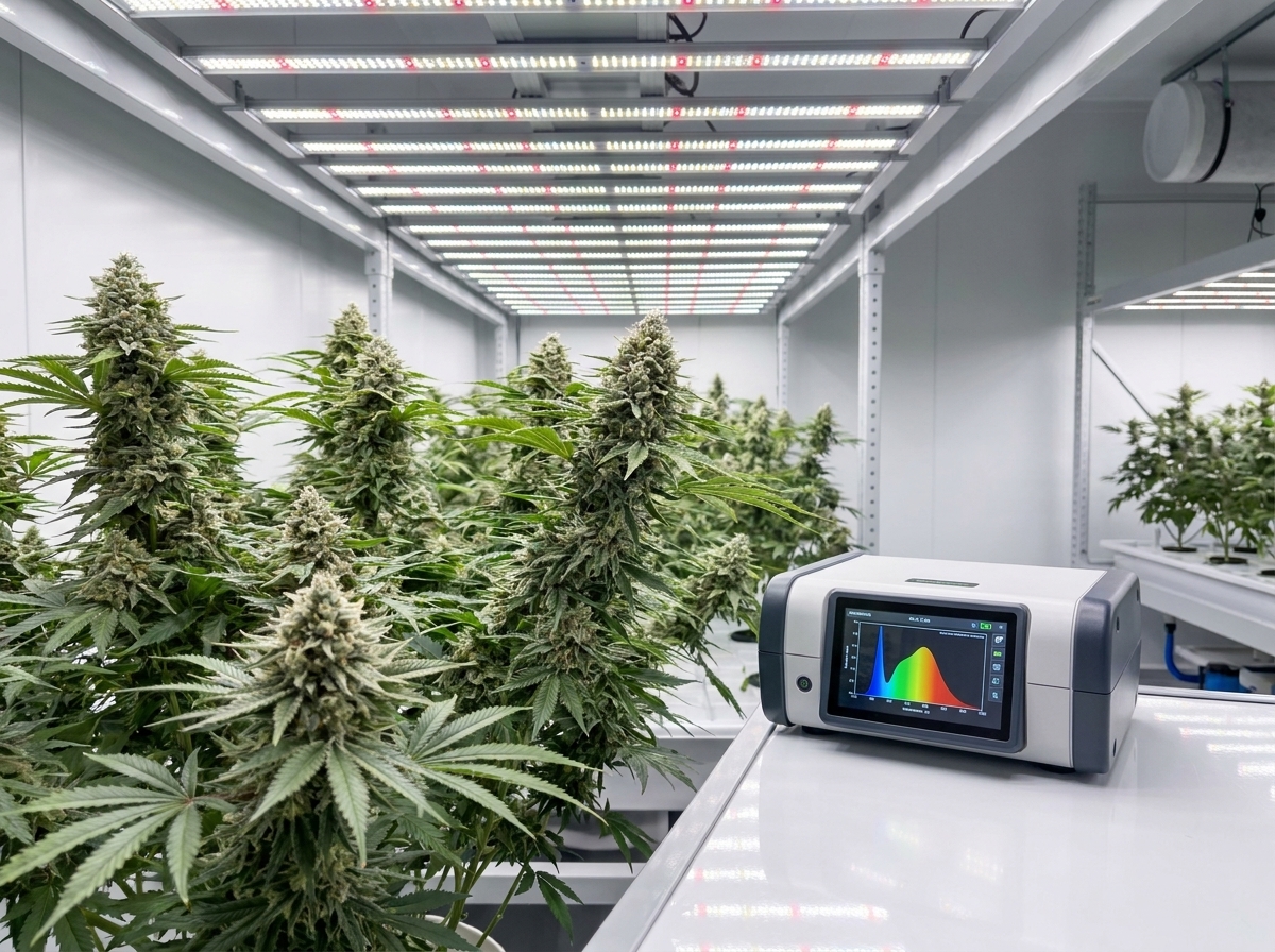 Piante di cannabis sotto luce LED uniforme, spettro costante