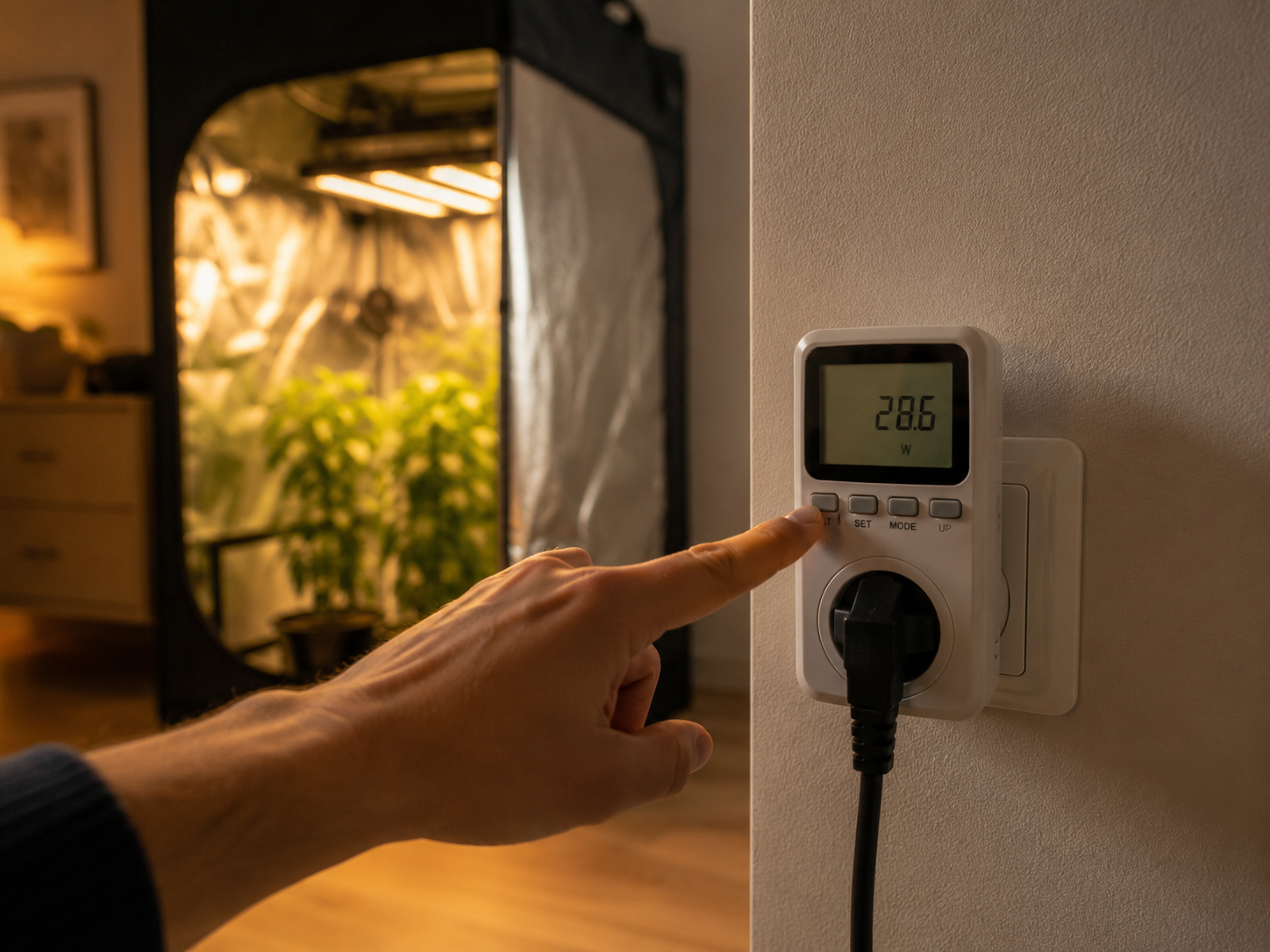 Mano che controlla i bassi consumi su un contatore smart accanto alla grow tent illuminata