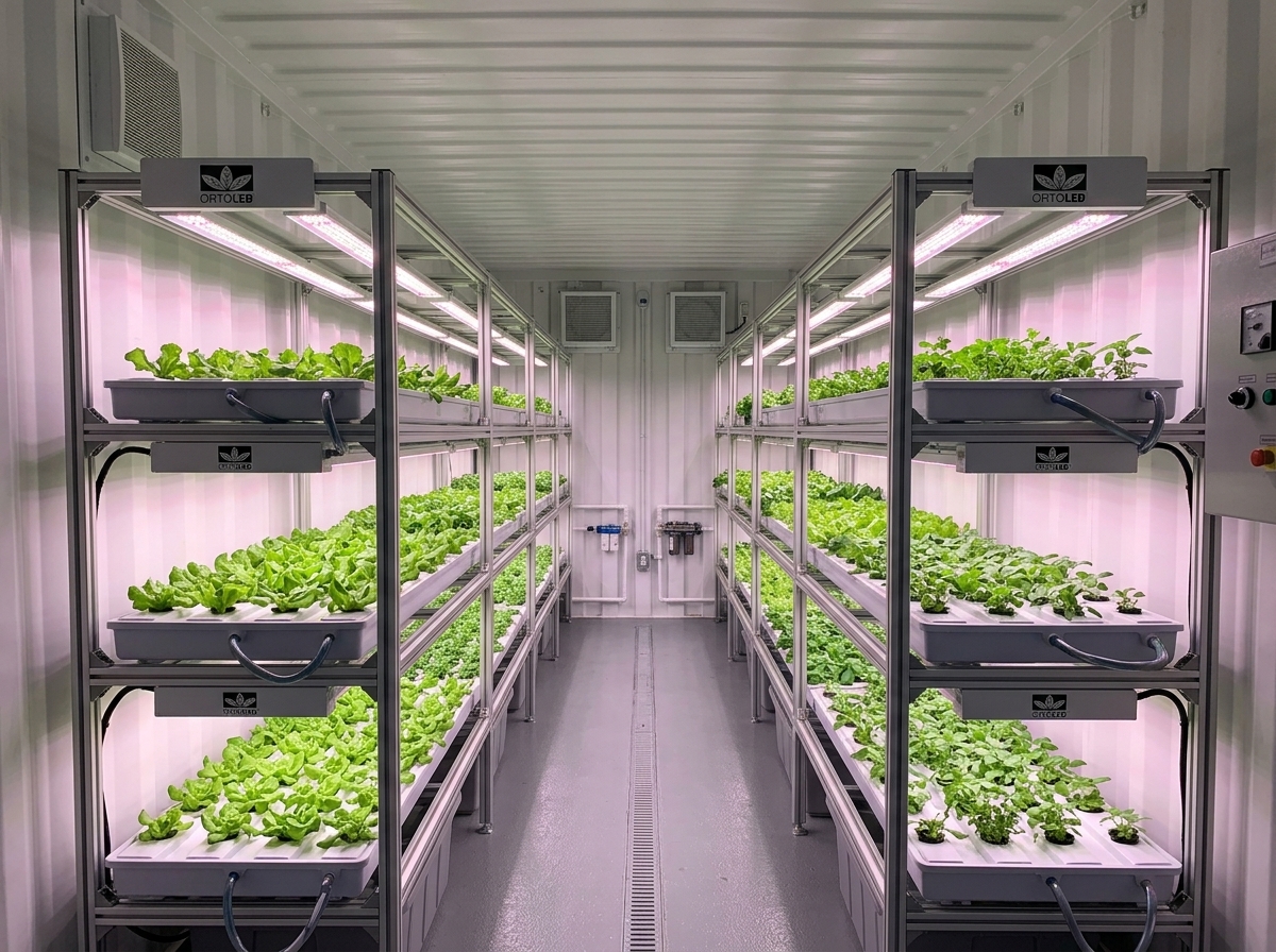Container convertito in vertical farm con ripiani LED ORTOLED