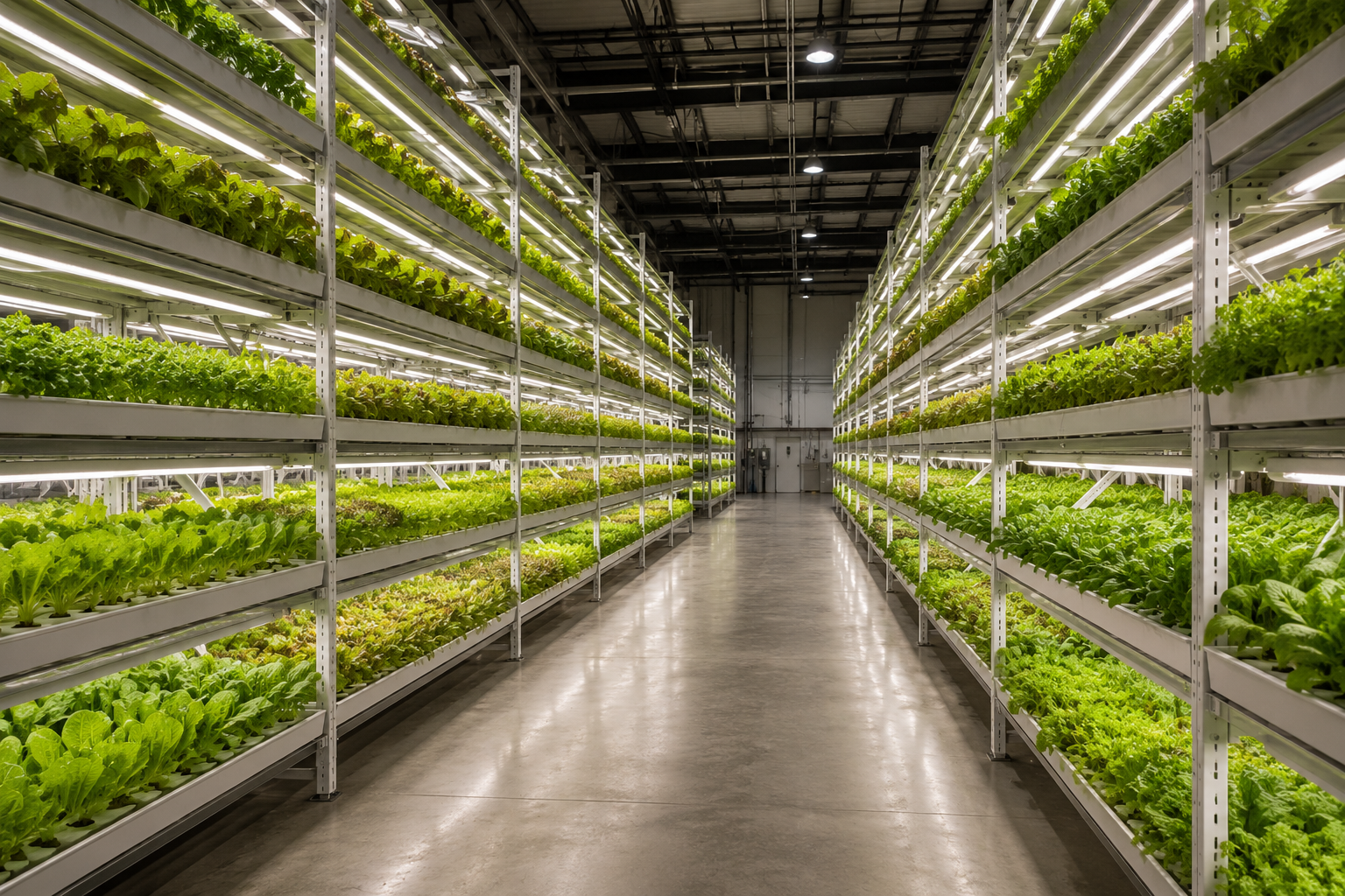 Magazzino convertito in vertical farm urbana multi-livello con LED ORTOLED