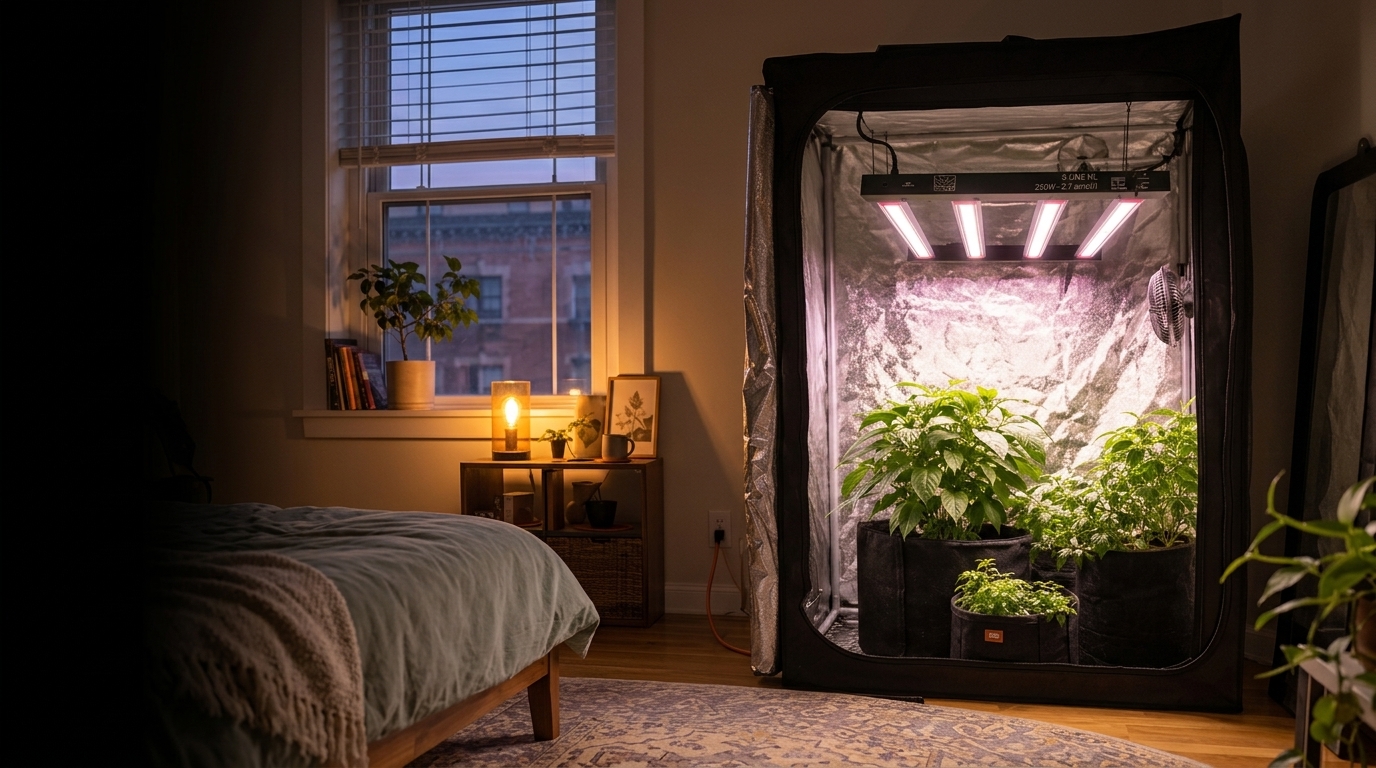 Grow tent ORTOLED in un soggiorno di casa con luce LED accesa