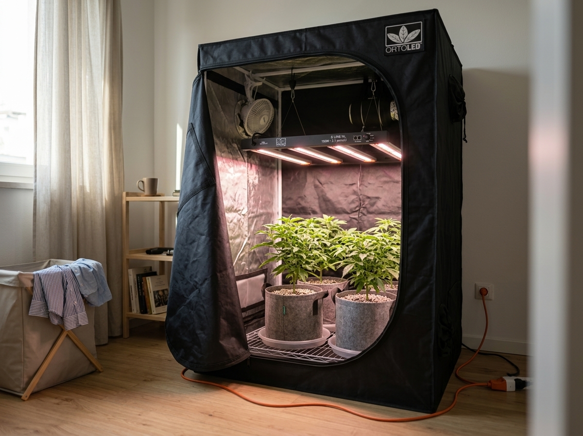 Grow tent ORTOLED con lampada S-Line HL in una camera da letto, primo impianto domestico